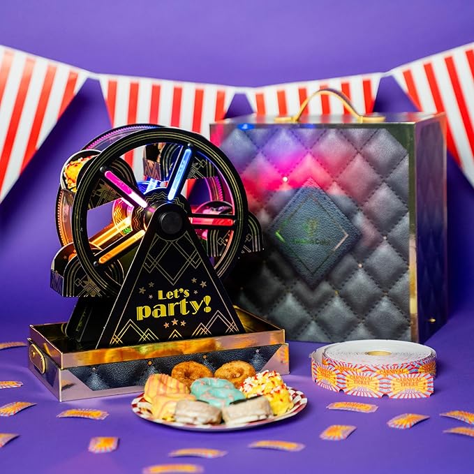 Luxe Mini Donut Ferris Wheel Box by Send A Cake – Ready to Gift, No Assembly Needed – 10 Mini Cake Donuts, Spins, Lights Up & Music – Unique Birthday & Celebration Gift for Women, Men, Adults, Kids