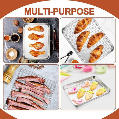 E-far Stainless Steel Baking Sheet with Wire Rack Set, 10.5” x 8.3” Cookie Sheet Baking Pan for Toaster Oven, Small Metal Tray with Cooling Rack for Cooking Roasting, Non-Toxic & Dishwasher Safe