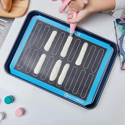 3PCs GUY DREAM Perforated Silicone Baking Mat 11-4/5" x 15-3/4" - 1 Choux Mat, 1 Eclair Mat and 1 Blank Mat for Baking Cookie- Steaming Mesh For Half Size Cooking Sheet- Non-Stick Reusable Oven Liner