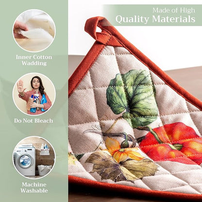 Maison d' Hermine Pot Holders Set 100% Cotton Heat Resistant Potholders 8" x 8" Hot Pads with Loop BBQ, Cooking, Baking, Grilling, Kitchen, Handling Hot Pans (Pack of 2, Potiron)