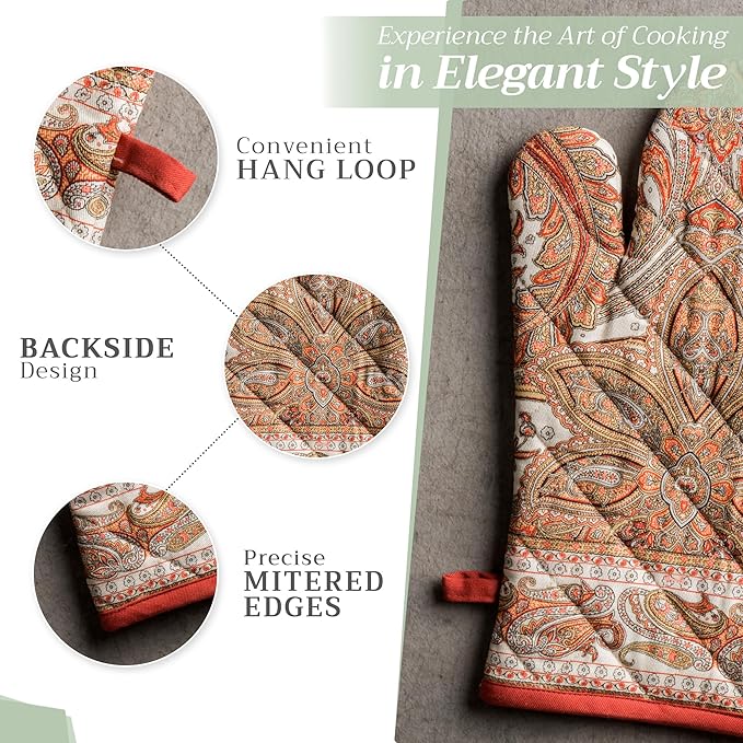Maison d' Hermine Oven Gloves 100% Cotton Oven Mitt 7" x 13" with Loop Heat Resistant, BBQ, Cooking Gloves, Baking, Grilling, Kitchen, Handling Hot Pans (Pack of 1, Kashmir Paisley)