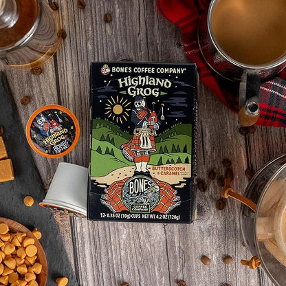 Bones Coffee Company Flavored Coffee Bones Cups Highland Grog Butterscotch Caramel | 12ct Single-Serve Coffee Pods Compatible with Keurig 1.0 & 2.0 Keurig Coffee Maker
