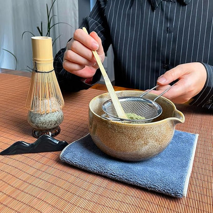 Matcha Tea Set (7pcs) - Matcha Whisk Set with Bowl, Whisk Holder, and Pouring Spout Bowl, Perfect Matcha Starter Kit for Tea Ceremony (Amber Sand)