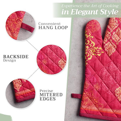 Maison d' Hermine 100% Cotton Oven Mitt & Pot Holder Set (7.5"x13" & 8"x8") Heat Resistant BBQ Cooking Gloves with Loop, Baking, Grilling, Kitchen, Handling Hot Pans (Versailles)
