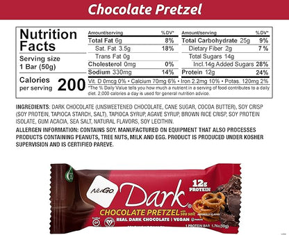NuGo Dark Variety - Pretzel w/ Sea Salt 12 bars & New! Chocolate Almond w/ Sea Salt 12 bars, 12g Protein Bar, Vegan, Gluten Free, Non-GMO, Kosher Pareve, 24 count