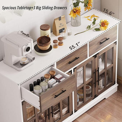 IRONCK Buffet Cabinet with Storage, 55" Large Sideboard Buffet Storage with LED Lights, Farmhouse Coffee Bar Wood Liquor Cabinet for Kitchen, Dining Room, White and Oak