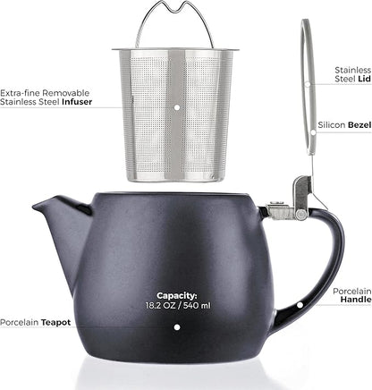Tealyra - Pluto Porcelain Small Teapot Black - 18.2-ounce (1-2 cups) - Matte Finish - Stainless Steel Lid and Extra-Fine Infuser To Brew Loose Leaf Tea - 540ml