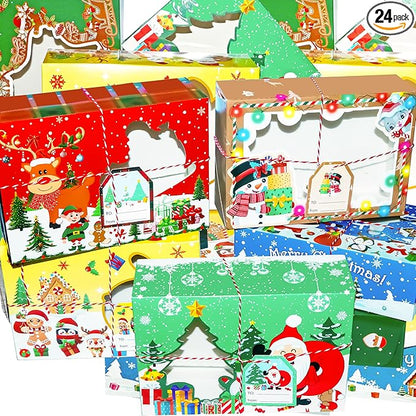 24 PCS Christmas Cookie Boxes for Gift Giving-Christmas Food Containers Cookie Tins, Christmas Tins Treat Boxes with Windows, Holiday Bakery Box for Pastries