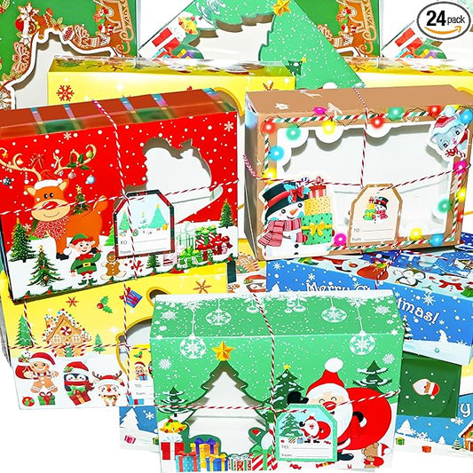 24 PCS Christmas Cookie Boxes for Gift Giving-Christmas Food Containers Cookie Tins, Christmas Tins Treat Boxes with Windows, Holiday Bakery Box for Pastries