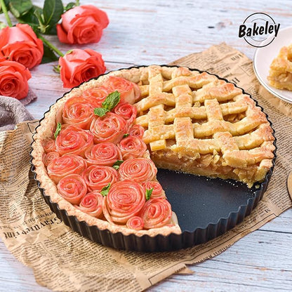 9-Inch Round Tart Pan with Loose Removable Bottom, Non-Stick Carbon Steel Quiche Pan for Oven Baking (Black)