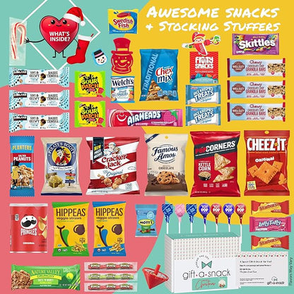 Gift A Snack - Christmas Candy Stocking Stuffers, Pre-filled Holiday Snack Box Care Package + Greeting Card (45 Count) Sweet Treats Gift Basket, Candies Chips Food Assortments & Variety Gifts