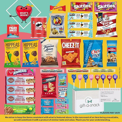 Gift A Snack - Thanksgiving, Holiday, Christmas Stocking Stuffer Snack Box Variety Pack Care Package + Greeting Card (40 Count) Birthday Sweet Treats Gift Basket, Candies Chips Crackers Bars
