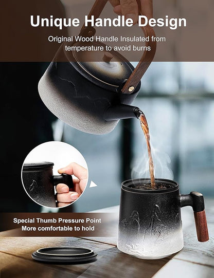 suyika Ceramic Tea Cup with Infuser and Lid, Gradient Embossed Large Tea Mug Wooden Handle for Steeping Loose Leaf, Tea Lover Gifts 15.2 oz / 450 ml,Matte Black