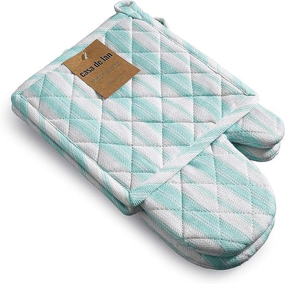Oven Mitt & Potholder Set - Durable Heat Resistant Gloves - Thick Mittens for Kitchen - Suitable for Cooking, Baking, Grilling – BBQ - 1 Oven Mitts & 1 Potholders – Light Blue Stripes - Casa De Lan
