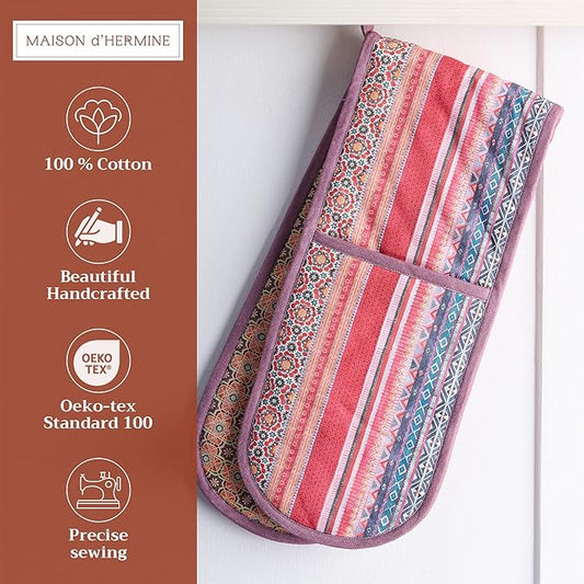 Maison d' Hermine Double Oven Mitts 100% Cotton 7"x35" Double Oven Mitt Heat Resistant BBQ Cooking Gloves with Loop, Baking, Grilling, Home, Kitchen, Handling Hot Pans (Ispahan)