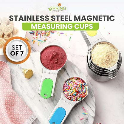 Spring Chef Magnetic Stainless Steel Measuring Cups (Patent Pending), Kitchen Tools with Easy to Read Markings for Measuring Dry or Liquid Ingredients, Set of 7, Neon