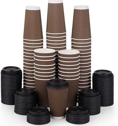 Promora Brown Disposable Coffee Cups With Lids 16 oz, Premium Insulated Paper Ripple Cups for Hot Coffee (80 Pack)
