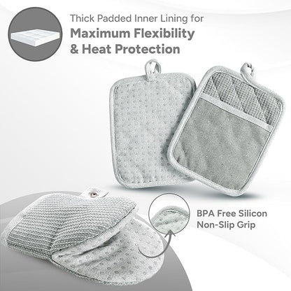 Casa Platino 8-Piece Mini Oven Mitt & Pot Holder Set – 500°F Heat Resistant with Silicone Grip, Includes 2 Kitchen Towels & 2 Dish Cloths for Drying – Non-Slip, Durable, Machine Washable – Grey