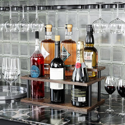 KLM Coffee Syrup Organizer, 2 Tier Wooden Small Display Shelf (6 Bottle Capacity),Syrup Bottle Sturdy Holder for Coffee Bar, Kitchen Countertop Syrups, Condiments and Wine