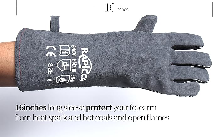 RAPICCA Fireplace Gloves Fire Heat Resistant: Grey 16IN 662℉- Fireproof Leather for Fireplace Fire pit Wood stove Campfire Furnace BBQ Grill Oven Stick Mig Welding Welder Gear - Birthday Gift for men