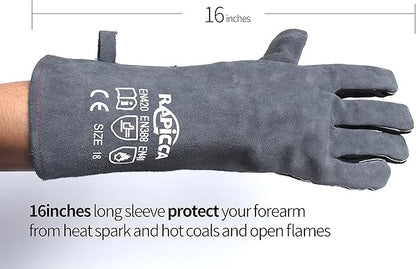 RAPICCA Fireplace Gloves Fire Heat Resistant: Grey 16IN 662℉- Fireproof Leather for Fireplace Fire pit Wood stove Campfire Furnace BBQ Grill Oven Stick Mig Welding Welder Gear - Birthday Gift for men