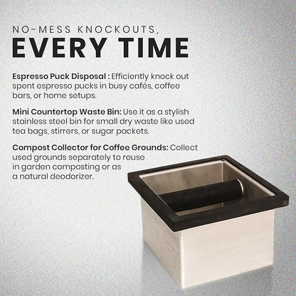 Rattleware Stainless Steel Knock Box 6"x5.5"x4" | Heavy-Duty Espresso Grounds Container with Welded Bar | Durable Rust-Resistant Coffee Knockout Box with Non-Slip Rubber Base for Professional Baristas