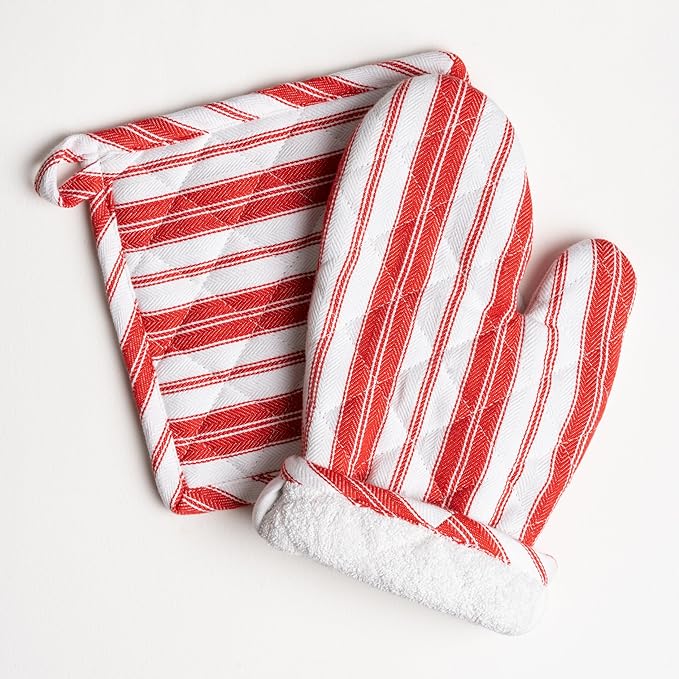 1 Oven Mitt, 1 PotHolder & 1 Kitchen Apron Set - Durable Heat Resistant Gloves - Thick Mittens for Kitchen - Suitable for Cooking, Baking, Grilling – Men & Women – Bright Red Stripes - Casa De Lan