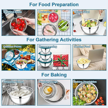 E-far Mixing Bowls with Lids and Graters, Stainless Steel Salad Mixing Bowl with Transparent Lid Set of 3, Metal Nesting Salad Storage for Kitchen Prepping/Serving/Baking, 4.6/2.6/1.5QT - Teal Blue