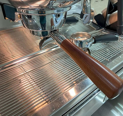 58mm Double Spout Portafilter Compatible with La Marzocco Espresso Machine Stainless Steel Espresso Portafilter with Double Shot Filter Basket Espresso Accessories-Handle Wooden