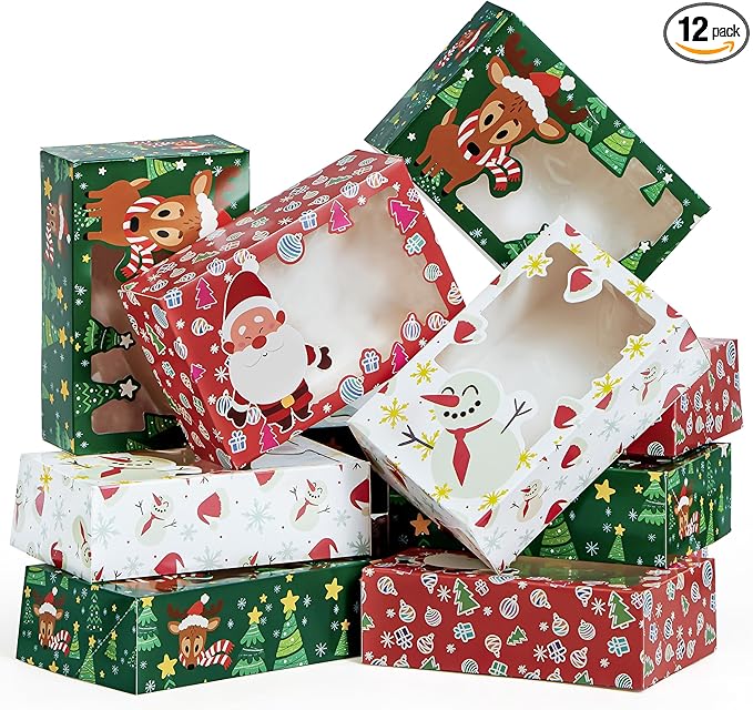 JOYIN 12 PCS Christmas Cookie Boxes for Gift Giving, 8.75" x 5.75" x 2.75" Bakery Treat Boxes Containers with Window for Xmas Holiday Birthday Party Pastries, Cupcakes, Brownies, Donuts, Baked Goods