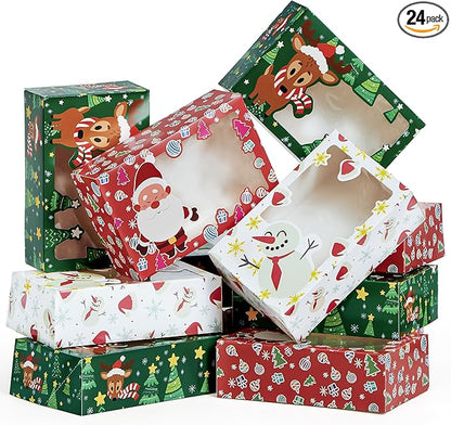 JOYIN 24 PCS Christmas Foil Treats Cookie Gift Boxes (8.75" x 5.75" x 2.75") Colorful Pattern Bakery Box with Window for Xmas Holiday Birthday Party Pastries, Cupcakes, Brownies, Donuts Gift-Giving