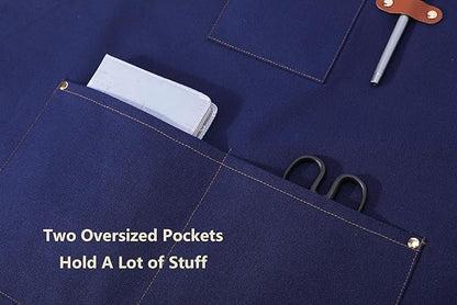 AFUN Chef Aprons for Women Men with Large Pockets, Cotton Canvas Cross Back Water Repellent Work Apron, Size M to XXL (Darkblue)