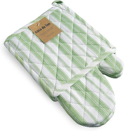 Oven Mitt & Potholder Set - Durable Heat Resistant Gloves - Thick Mittens for Kitchen - Suitable for Cooking, Baking, Grilling – BBQ - 1 Oven Mitts & 1 Potholders – Grass Green Stripes - Casa De Lan