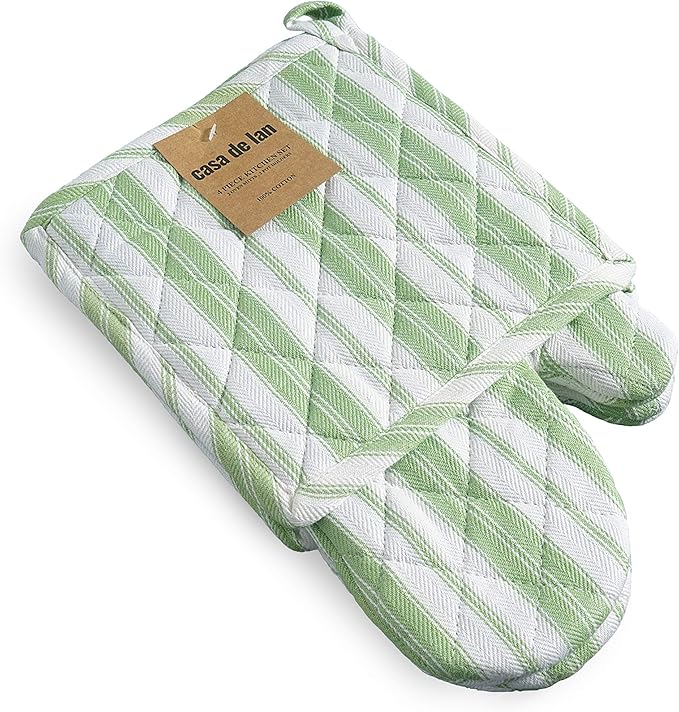 1 Oven Mitt, 1 PotHolder & 1 Kitchen Apron Set - Durable Heat Resistant Gloves - Thick Mittens for Kitchen - Suitable for Cooking, Baking, Grilling – Men & Women – Grass Green Stripes