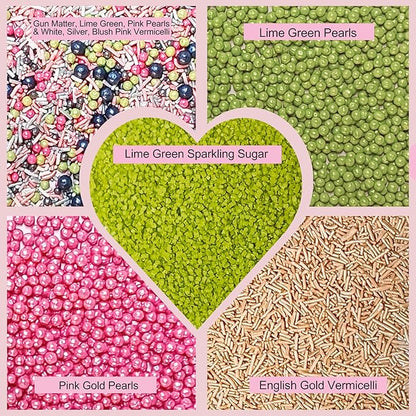 Confect Sprinkles for Cakes & Cupcakes | Birthday Party Mix - Hot Pink, Black & Orchid Green Dragees, Gold, Green Sparkling Sugar | Vegan, Gluten-Free, Nut-Free, Dairy-Free | Handcrafted - 5 Oz
