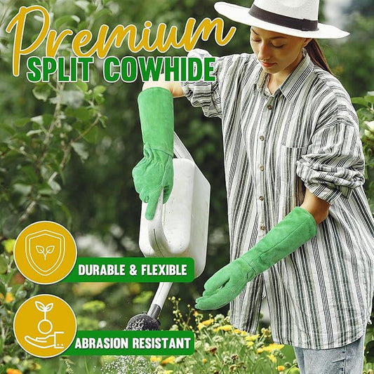 HANDLANDY Leather Gardening Gloves, Thorn Proof Long Gauntlet Heavy Duty Garden Gloves, Elbow Length Rose Pruning Weeding Yard Glove (Large, Green)