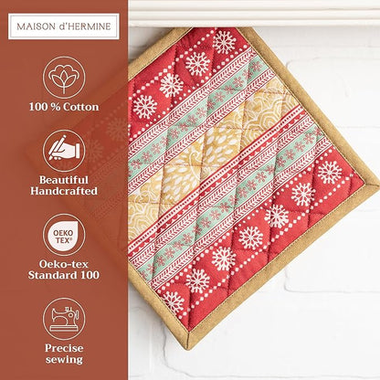 Maison d' Hermine Pot Holders Set 100% Cotton Heat Resistant Potholders 8" x 8" Hot Pads with Loop BBQ, Cooking, Baking, Grilling, Kitchen, Handling Hot Pans (Pack of 2, Sofia)
