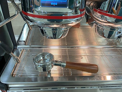 58mm Double Spout Portafilter Compatible with La Marzocco Espresso Machine Stainless Steel Espresso Portafilter with Double Shot Filter Basket Espresso Accessories-Handle Wooden