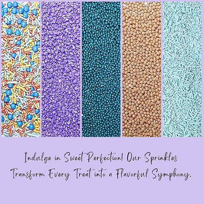 Confect Sprinkles Mix – Pack of 5 Assorted Cake & Cupcake Decorating Sprinkles – Bright Blue, Rose Gold & Gold Dragees, Baby Blue Jimmies, Purple Sparkling Sugar | Aquamarine Party Sprinkles– Vegan, Gluten-Free, Nut-Free, Soy-Free, Dairy-Free, Palm Oil...