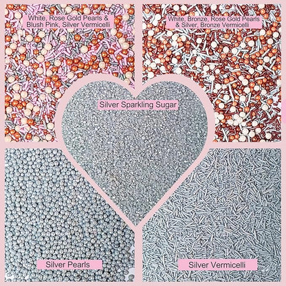 Confect Edible Cake Sprinkles Mix – Silver, Bronze & White Pearls, Silver Jimmies, Sparkling Sugar – Dessert Toppings for Cakes, Cupcakes, Cookies & Baking Decoration | Vegan, Gluten-Free, Nut-Free, Soy-Free, Dairy-Free, Palm Oil-Free- 5 Oz