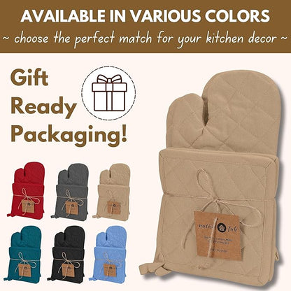 Native Fab Pot Holders and Oven Mitts Sets for Kitchen Heat Resistant- Hanging Non-Slip - 100% Cotton Oven Mitts and Pot Holders 4-Piece Set- Beige