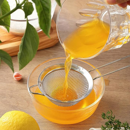 2 Pack Fine Mesh Strainers, Mini Stainless Steel Strainer with Handle for Kitchen, Metal Sieve Sifters for Straining Tea, Matcha, Cocktail, Juice and Coffee (8.6in 7.5in)