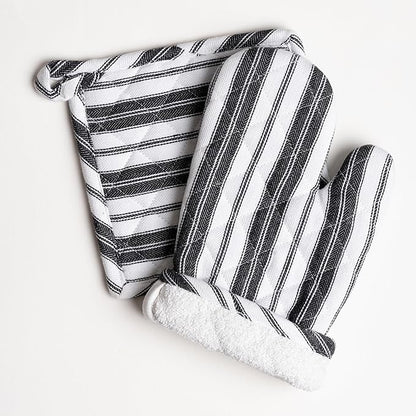 1 Oven Mitt, 1 PotHolder & 1 Kitchen Apron Set - Durable Heat Resistant Gloves - Thick Mittens for Kitchen - Suitable for Cooking, Baking, Grilling – for Men & Women – Black Stripes - Casa De Lan