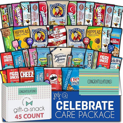 Gift A Snack - Congratulations Snack Box Variety Pack Care Package + Greeting Card (45 Count) Graduation Sweet Treats Gift Basket, Candies Chips Crackers Bars - Food Assortments