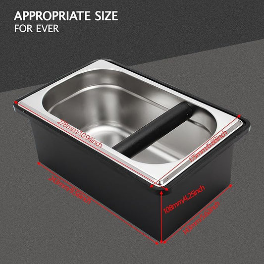 Espresso Knock Box,Stainless Steel Coffee Pucks Container, with Steel Holder and Noise Reduction Rubber Ring (10.94 x 6.88 x 4.25 inch)