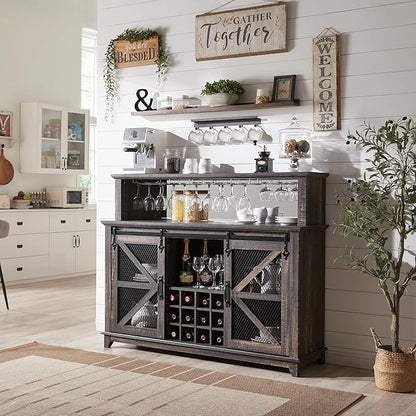 OKD Farmhouse Coffee Bar Cabinet with LED Lights, 55" Wine Bar w/Sliding Barn Door & Wine and Glass Rack, Kitchen Buffet Cabinet w/Storage Shelves for Dining Room,Dark Rustic Oak