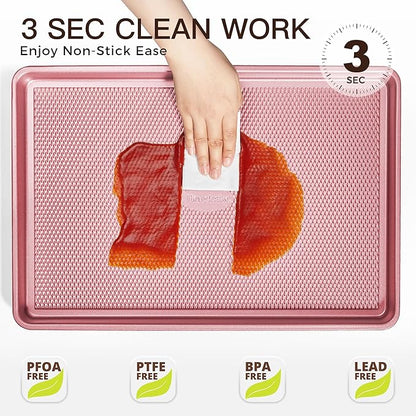 HONGBAKE Baking Sheet Pan Set, Cookie Sheets for Oven, Nonstick Half/Quarter/Jelly Roll Pans with Diamond Texture Pattern, Heavy Duty Cookie Tray, Pink