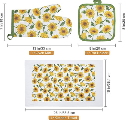 Oven Mitts and Potholders Dish Towles Set 100% Cotton for Perfect for Gifting, Baking, and Everyday Cooking Durable Heat Resistant for Kitchen and Machine Washable (3-Piece Sunflower)
