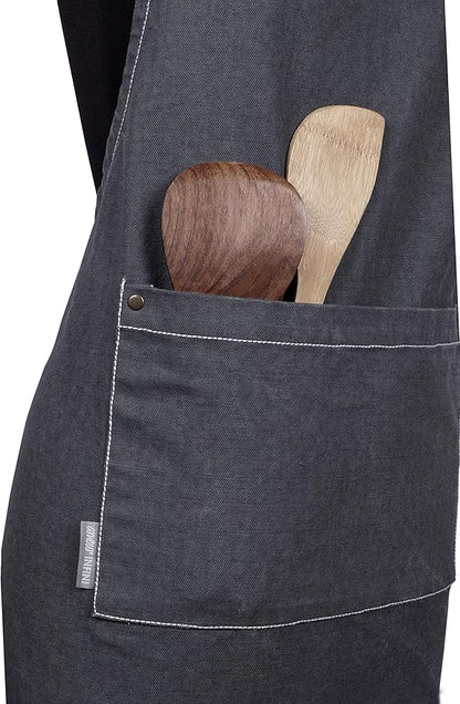 AMOUR INFINI Cotton Solid Aprons for Women with Pocket, Adjustable Strap and Waist Ties Washed Chef Aprons for Cooking, Baking and Gardening (27.5 x 33 Inches - Gray)