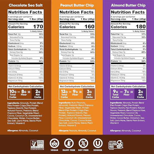 IQBAR Brain and Body Keto Protein Bars - Chocolate Lovers Variety and Chocolate Sea Salt - 12 Count Energy Bars - Low Carb Protein Bars - High Fiber Vegan Bars Low Sugar Meal Replacement Bars